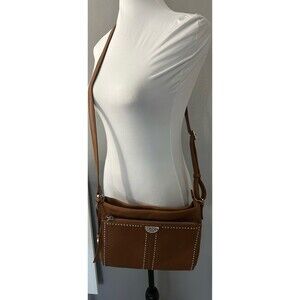 Brighton Pretty Tough JAGGER Brown Leather Organizer Bag Studded Shoulder Bag